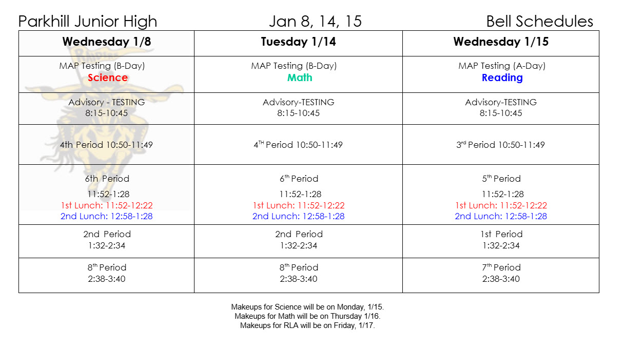 Parkhill Junior High Jan 8, 14, 15 Bell Schedules MOY MAP Testing Wednesday January 8, 2024 (B-Day) SCIENCE MAP Testing in Advisory 8:15-10:45 4th Period 10:50-11:49 6th Period 11:52-1:28 1st Lunch: 11:52-12:22 2nd Lunch: 12:58-1:28 2nd Period 1:32-2:34 8th Period 2:38-3:40 Tuesday January 14, 2024 (B-Day) MATH MAP Testing in Advisory 8:15-10:45 4th Period 10:50-11:49 6th Period 11:52-1:28 1st Lunch: 11:52-12:22 2nd Lunch: 12:58-1:28 2nd Period 1:32-2:34 8th Period 2:38-3:40 Wednesday January 15, 2024 (A-Day) READING MAP Testing in Advisory 8:15-10:45 3rd Period 10:50-11:49 5th Period 11:52-1:28 1st Lunch: 11:52-12:22 2nd Lunch: 12:58-1:28 1st Period 1:32-2:34 7th Period 2:38-3:40 Makeups for Science will be on Monday, January 15. Makeups for Math will be on Thursday, January 16. Makeups for RLA will be on Friday, January 17.