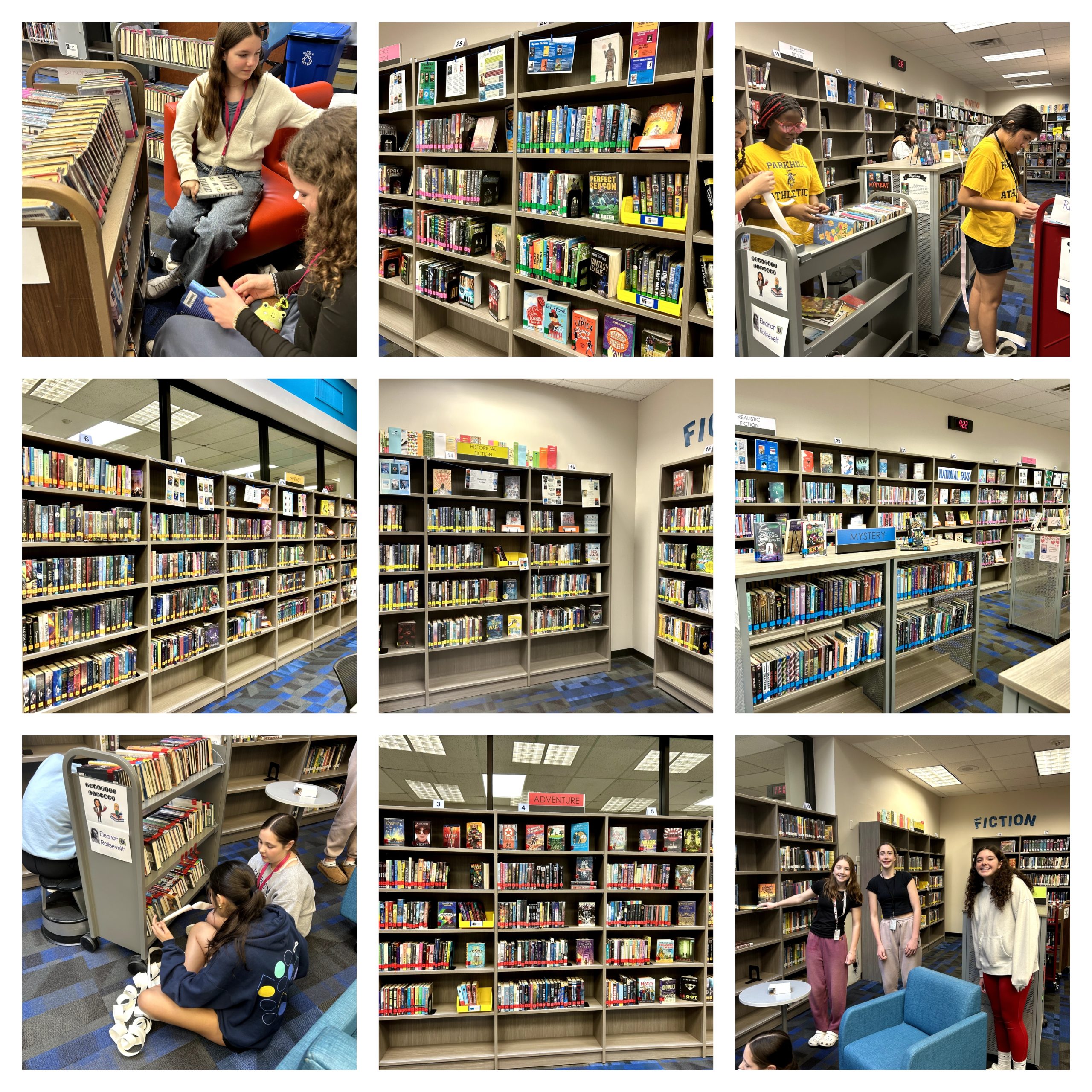 Students helping sticker and move books in the Parkhill Library