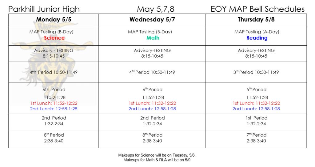 Parkhill Junior High May 5, 7, 8 EOY MAP Bell Schedules
Monday 5/5
MAP Testing (B-Day) Science
Advisory -Testing 8:15-10:45
4th Period 10:50-11:49
6th Period 11:52-1:28
1st Lunch: 11:52-12:22
2nd Lunch: 12:58-1:28
2nd Period 1:32-2:34
8th Period 2:38-3:40
Wednesday 5/7
MAP Testing (B-Day) Math
Advisory -Testing 8:15-10:45
4th Period 10:50-11:49
6th Period 11:52-1:28
1st Lunch: 11:52-12:22
2nd Lunch: 12:58-1:28
2nd Period 1:32-2:34
8th Period 2:38-3:40
Thursday 5/8
MAP Testing (A-Day) Reading
Advisory -Testing 8:15-10:45
3rd Period 10:50-11:49
5th Period 11:52-1:28
1st Lunch: 11:52-12:22
2nd Lunch: 12:58-1:28
1st Period 1:32-2:34
7th Period 2:38-3:40
Makeups for Science will be on Tuesday, 5/6.
Makeups for Math & RLA will be on 5/9