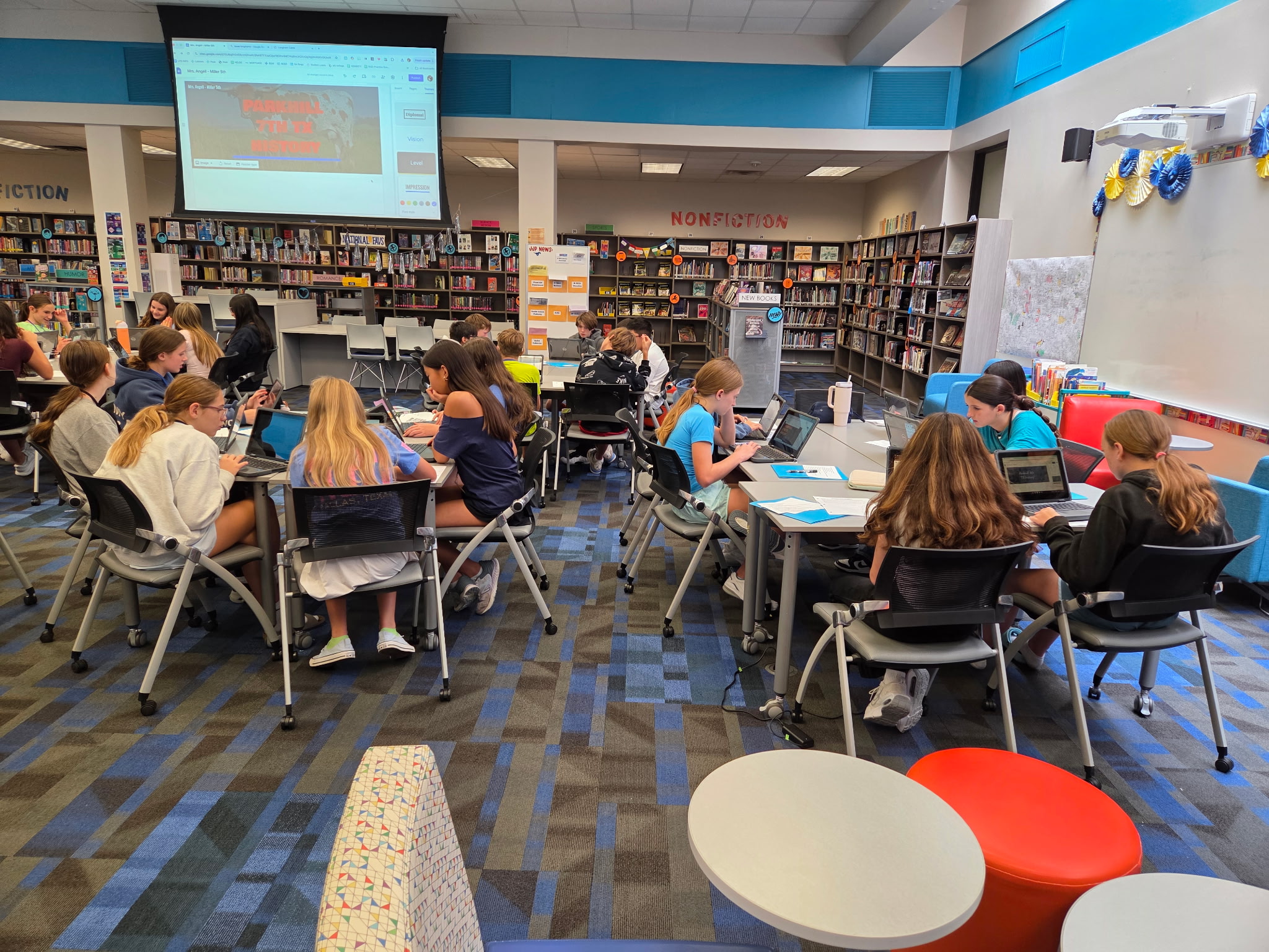Students working in the library