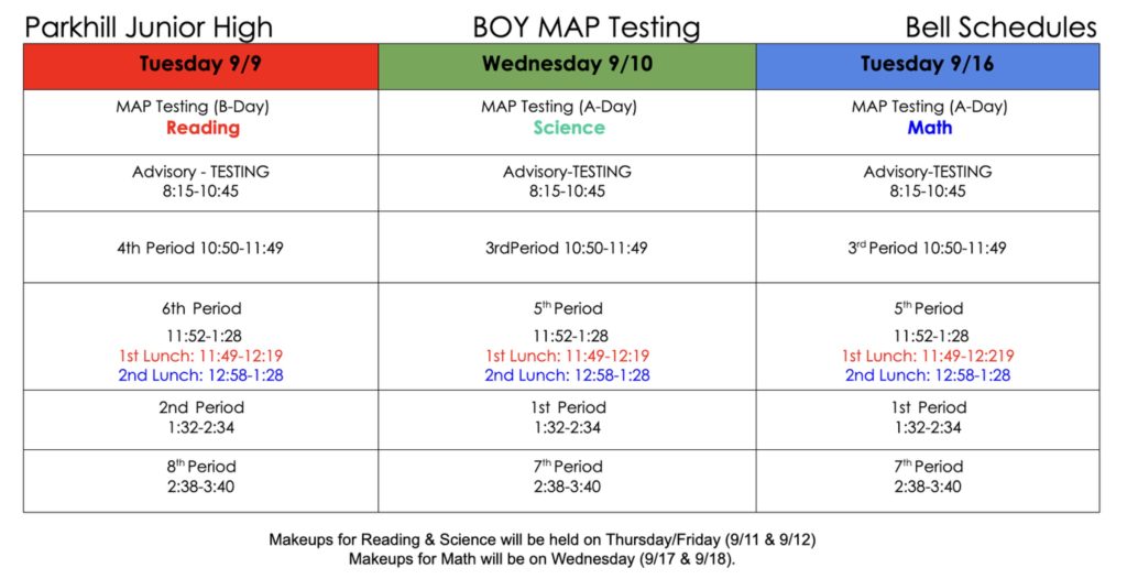 Parkhill Junior High BOY MAP Bell Schedules

Tuesday 9/9
MAP Testing (B-Day) Reading
Advisory -Testing 8:15-10:45
4th Period 10:50-11:49
6th Period 11:52-1:28
1st Lunch: 11:49-12:19
2nd Lunch: 12:58-1:28
2nd Period 1:32-2:34
8th Period 2:38-3:40

Wednesday 9/10
MAP Testing (A-Day) Science
Advisory -Testing 8:15-10:45
3rd Period 10:50-11:49
5th Period 11:52-1:28
1st Lunch: 11:49-12:19
2nd Lunch: 12:58-1:28
1st Period 1:32-2:34
7th Period 2:38-3:40

Tuesday 9/16
MAP Testing (A-Day) Math
Advisory -Testing 8:15-10:45
3rd Period 10:50-11:49
5th Period 11:52-1:28
1st Lunch: 11:49-12:19
2nd Lunch: 12:58-1:28
1st Period 1:32-2:34
7th Period 2:38-3:40

Makeups for Reading & Science will be held on Thursday/Friday (9/11 & 9/12)
Makeups for Math will be on Wednesday (9/17 & 9/18).
