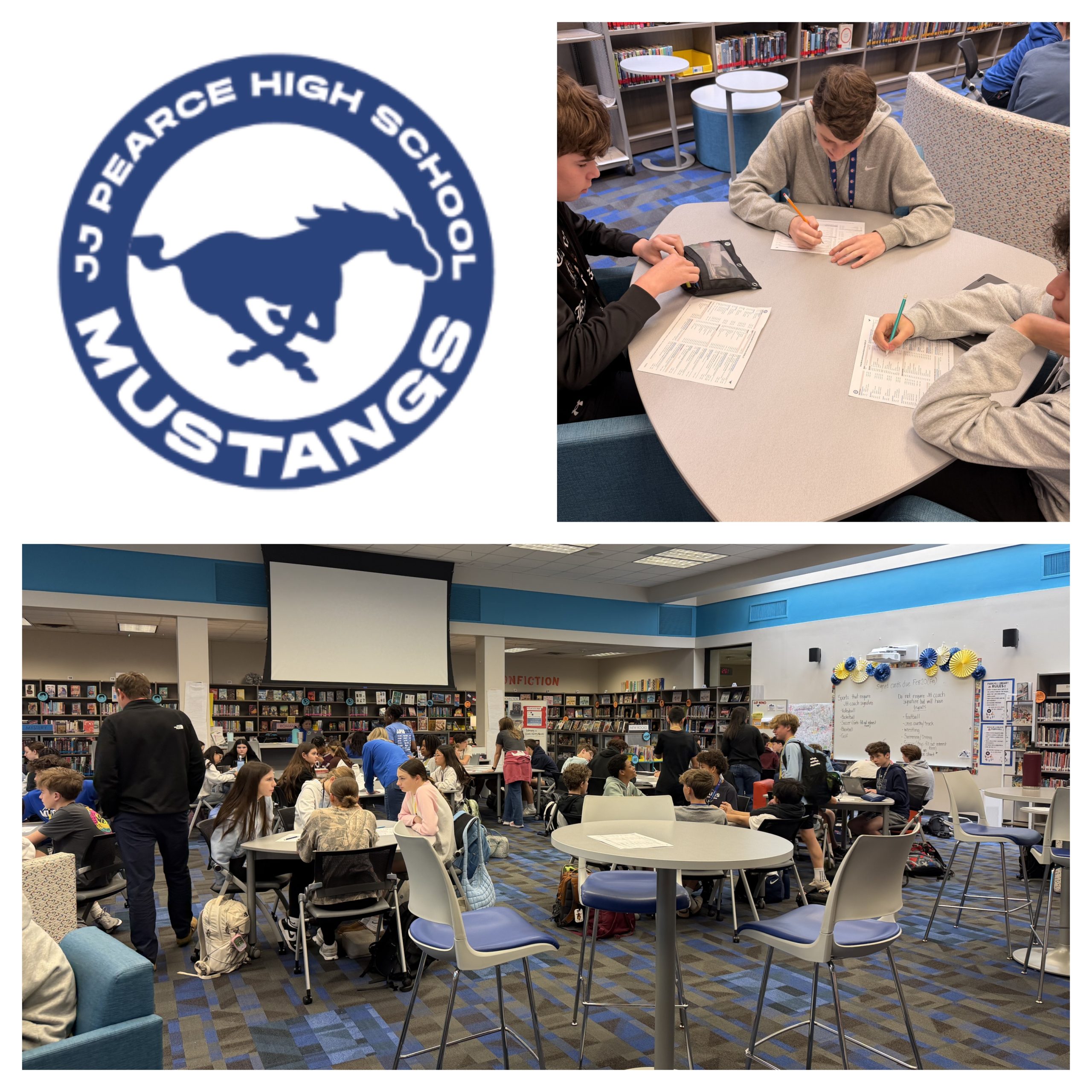 JJ Pearce High School Mustangs logo with two photos of students working on their schedules