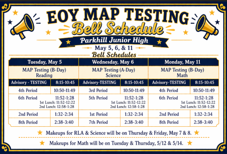 Image with navy and gold border along with gold megaphones on alternate sides of the title. Image is titled with “EOY MAP TESTING Bell Schedule Parkhill Junior High May 5, 6, & 11 Bell Schedules.” In a grid below the title, there are three different columns with a bell schedule. Column 1 says: Tuesday, May 5 MAP Testing (B-Day) Reading. Advisory-Testing 8:15 - 10:45 4th Period 10:50-11:49 6th Period 11:52-1:28 1st Lunch: 11:52-12:22 2nd Lunch: 12:58-1:28 2nd Period: 1:32-2:34 8th Period 2:38-3:40 Column 2 says: Wednesday, May 6 MAP Testing (A-Day) Science. Advisory-Testing 8:15 - 10:45 3rd Period 10:50-11:49 5th Period 11:52-1:28 1st Lunch: 11:52-12:22 2nd Lunch: 12:58-1:28 1st Period: 1:32-2:34 7th Period 2:38-3:40 Column 3 says: Monday, May 11 MAP Testing (B-Day) Math. Advisory-Testing 8:15 - 10:45 4th Period 10:50-11:49 6th Period 11:52-1:28 1st Lunch: 11:52-12:22 2nd Lunch: 12:58-1:28 2nd Period: 1:32-2:34 8th Period 2:38-3:40 Makeups for RLA & Science will be on Thursday & Friday, May 7 & 8. Makeups for Math will be on Tuesday & Thursday, 5/12 & 5/14.
