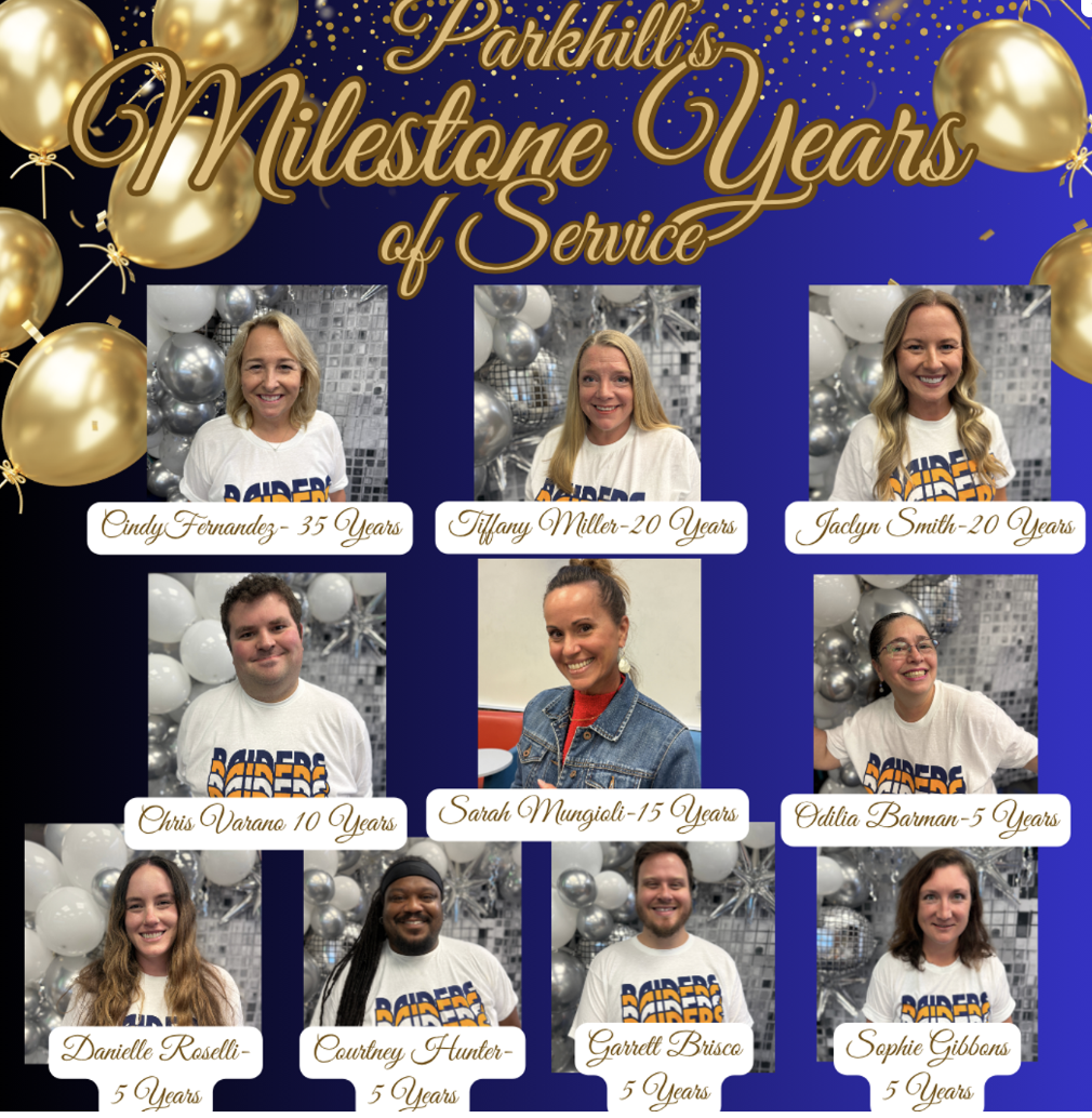Blue background with Gold writing, gold balloons, and 10 photos with captions. Titled: Parkhill’s Milestone Years of Service. Cindy Fernandez - 35 Years Tiffany Miller - 20 Years Jaclyn Smith - 20 Years Chris Varano - 10 Years Sarah Mungioli - 15 Years Odilia Barman - 5 Years Danielle Roselli - 5 Years Courtney Hunter - 5 Years Garrett Brisco - 5 Years Sophie Gibbons - 5 Years
