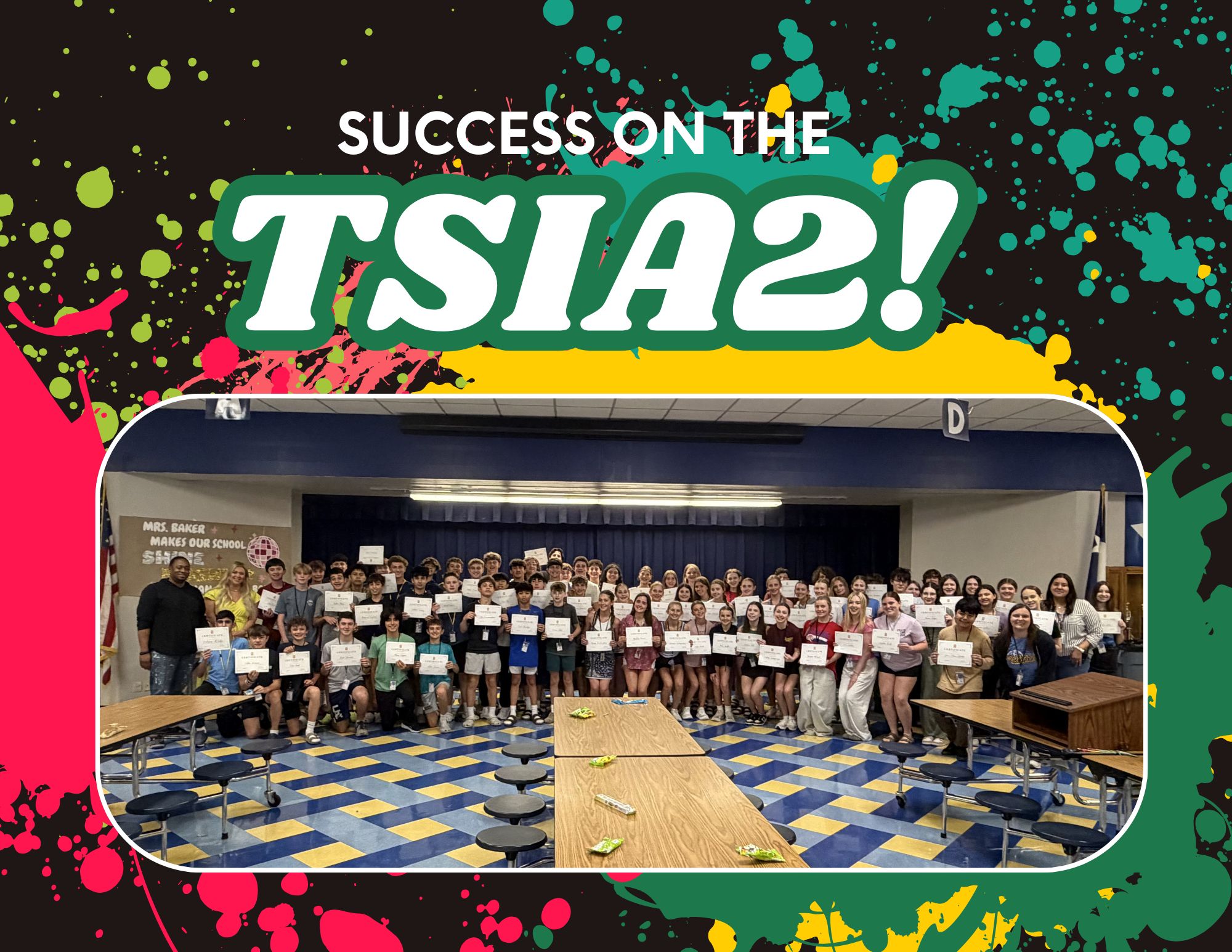 Students posed with certificates with a colorful paint splattered background. The title of the graphic says Success on the TSIA2!