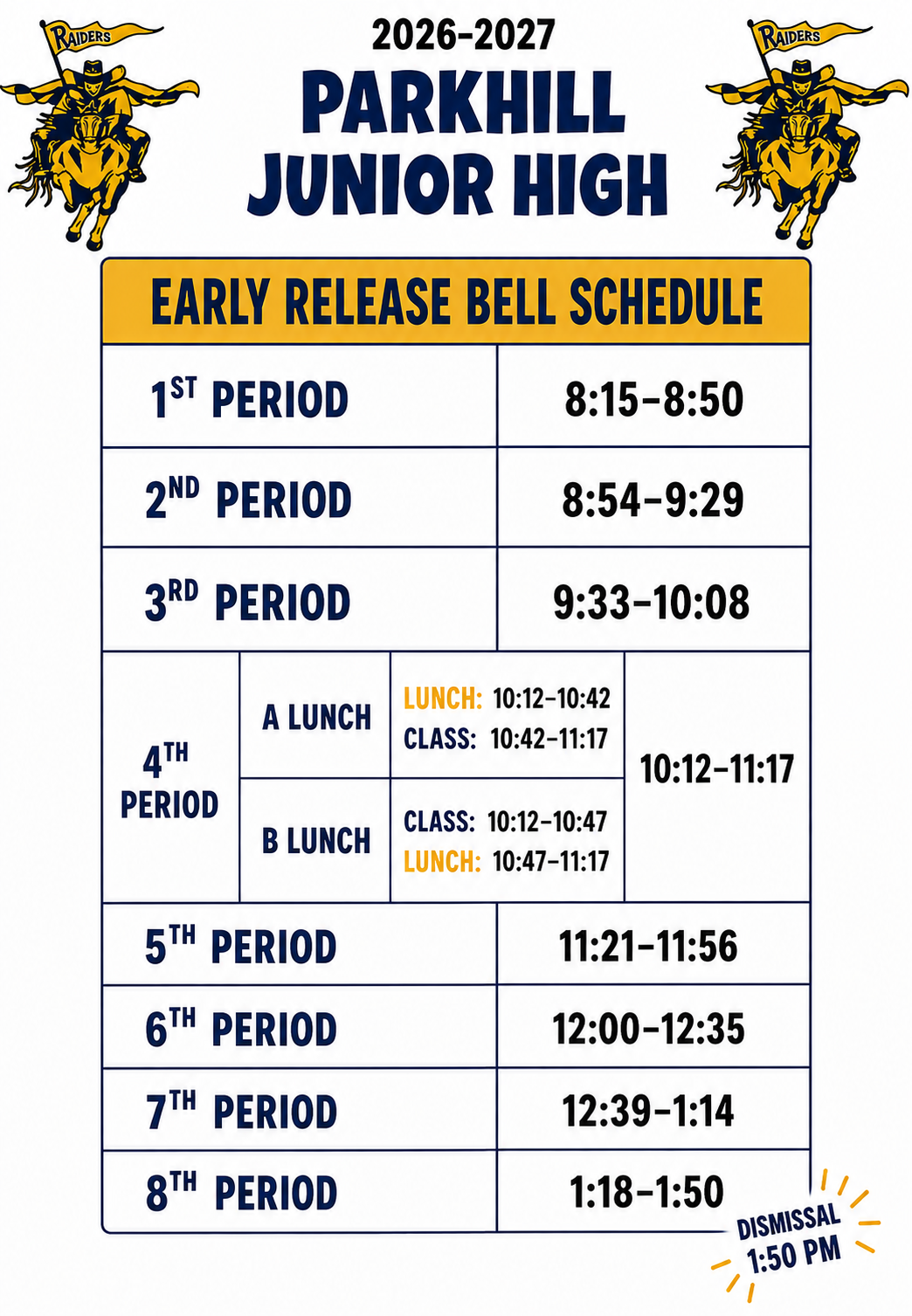Graphic displaying the 2026–2027 Parkhill Junior High Early Release Bell Schedule, featuring the Raiders mascot logo at the top corners. The schedule table lists the following times: 1st Period: 8:15–8:50 2nd Period: 8:54–9:29 3rd Period: 9:33–10:08 4th Period: 10:12–11:17 A Lunch: Lunch 10:12–10:42 | Class 10:42–11:17 B Lunch: Class 10:12–10:47 | Lunch 10:47–11:17 5th Period: 11:21–11:56 6th Period: 12:00–12:35 7th Period: 12:39–1:14 8th Period: 1:18–1:50 Dismissal: 1:50 PM