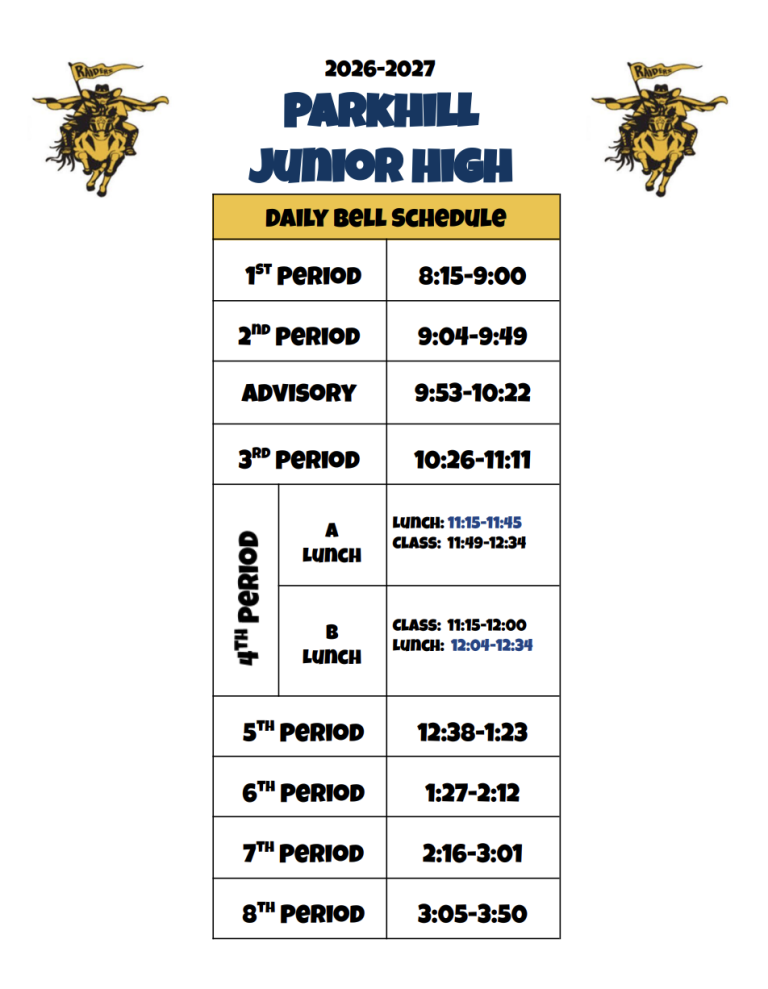 2026-2027 Parkhill Junior High Daily Bell Schedule. The schedule is as follows: * **1st Period:** 8:15 – 9:00 * **2nd Period:** 9:04 – 9:49 * **Advisory:** 9:53 – 10:22 * **3rd Period:** 10:26 – 11:11 **Lunch Schedule (4th Period):** * **A Lunch:** Lunch from 11:15 – 11:45, Class from 11:49 – 12:34 * **B Lunch:** Class from 11:15 – 12:00, Lunch from 12:04 – 12:34 **Afternoon Periods:** * **5th Period:** 12:38 – 1:23 * **6th Period:** 1:27 – 2:12 * **7th Period:** 2:16 – 3:01 * **8th Period:** 3:05 – 3:50 The image features the school mascot graphic (a Raider riding a horse holding a banner) alongside the text schedule.