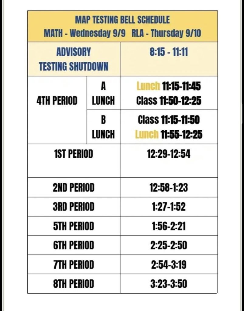 new A table graphic titled "MAP Testing Bell Schedule" with subheadings "MATH - Wednesday 9/9" and "RLA - Thursday 9/10". The schedule is organized into the following times: Advisory / Testing Shutdown: 8:15 – 11:11 4th Period: A Lunch: Lunch 11:15 – 11:45 | Class 11:50 – 12:25 B Lunch: Class 11:15 – 11:50 | Lunch 11:55 – 12:25 1st Period: 12:29 – 12:54 2nd Period: 12:58 – 1:23 3rd Period: 1:27 – 1:52 5th Period: 1:56 – 2:21 6th Period: 2:25 – 2:50 7th Period: 2:54 – 3:19 8th Period: 3:23 – 3:50