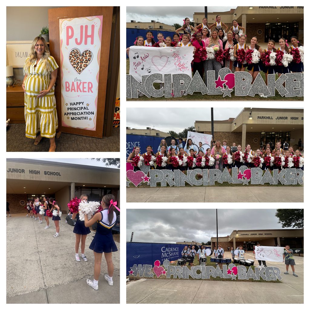 A photo collage celebrating Principal Appreciation Month at Parkhill Junior High School featuring Mrs. Baker, cheerleaders, band members, and decorative lawn signs.