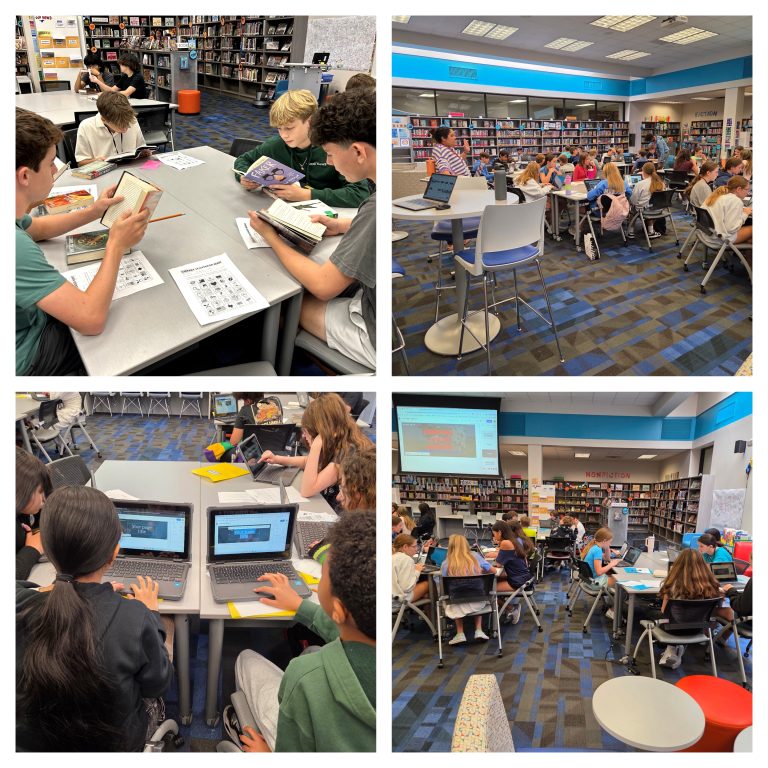 A four-panel grid showing middle school students and staff engaged in reading books and working on laptops during a library activity.