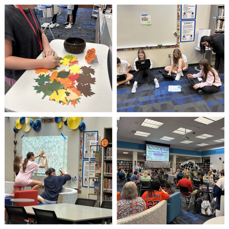 A four-panel grid showing autumn-themed library activities, including writing on paper leaves, coloring a fall mural, students working on laptops, and a staff assembly.