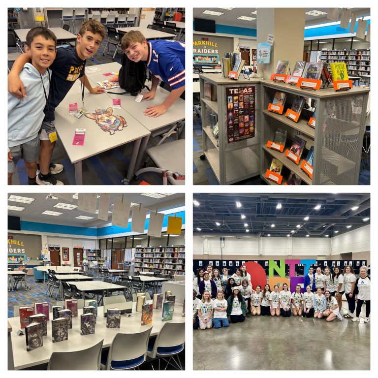 A four-panel grid showing students completing a corgi puzzle, featured book displays, empty library study tables, and a large group photo at a school event.