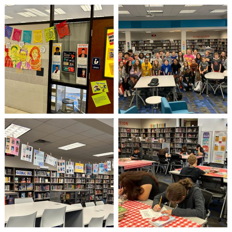 A four-panel grid featuring Hispanic Heritage Month displays, a group photo of middle school students in the library, book recommendation banners hanging above stacks, and students working at red-checkered tables.