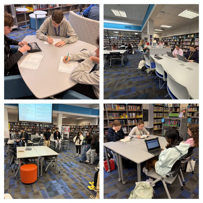 A four-panel grid showing middle school students engaged in writing, reading, and group discussions in a school library.