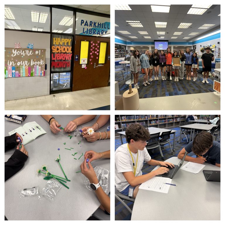 A four-panel grid featuring Parkhill Library's entrance decorations, a group of students posing with pizza, hands assembling LEGO flowers, and students studying at tables.