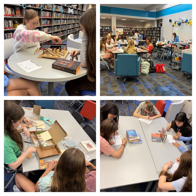 A four-panel grid showing middle school students playing chess, assembling craft kits, and completing activity worksheets in a school library.
