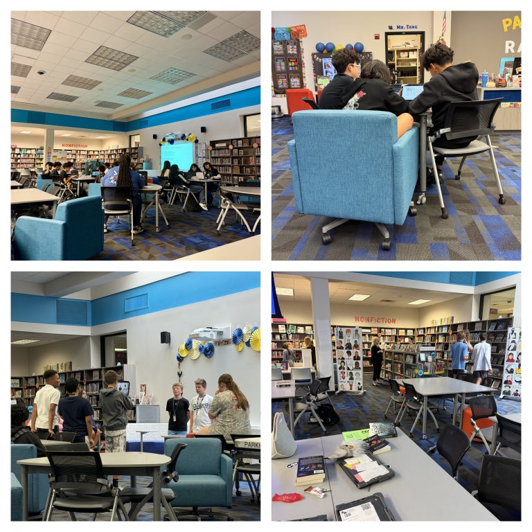 A four-panel grid showing students engaged in library learning, including working on laptops, presenting project work, and browsing book collections.