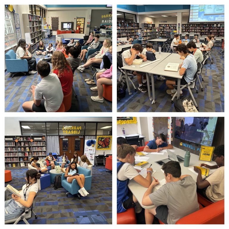 A four-panel grid showing middle school students participating in read-aloud sessions, independent reading, and collaborative study in a school library.