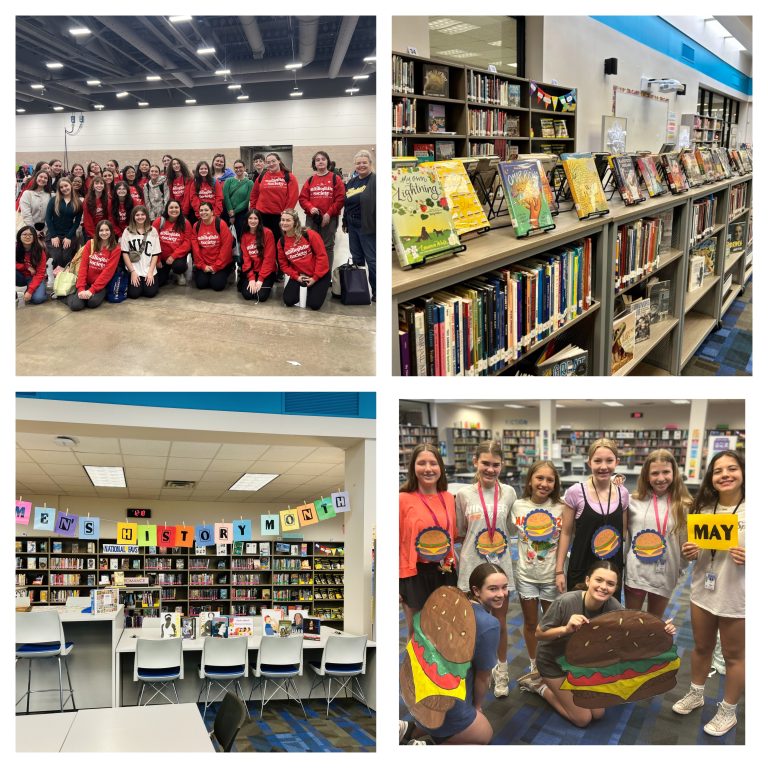 A four-panel grid showing a student group field trip, library book displays, a Women's History Month banner, and students in hamburger costumes.