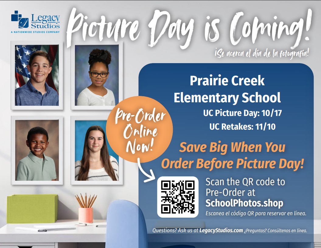 Prairie Creek Elementary School Picture Day flyer with dates: Picture Day Oct. 17, Retakes Nov. 10. Includes QR code for pre-ordering online and Legacy Studios contact info.