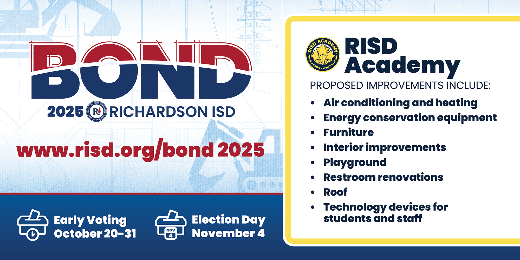 Bond 2025 RISD Academy proposed improvements: air conditioning and heating, energy conservation equipment, furniture, interior improvements, playground, restroom renovations, roof, technology devices for students and staff. Early voting October 20–31, Election Day November 4.