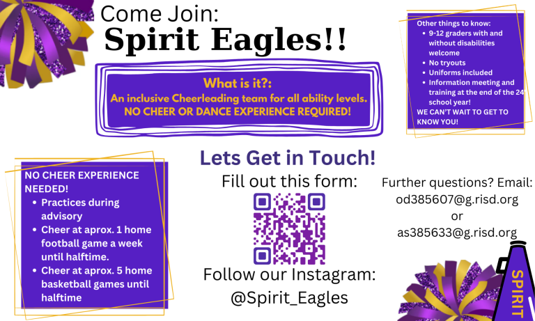Spirit Eagles is an adaptive cheer program for 9-12 graders with and without a disability. Please fill out this form so we can get in touch with you! There will be an information meeting at the end of this school year and we will meet during advisory in the 24'- 25' year! NO CHEER EXPERIENCE NEEDED AND NO COST TO BE A PART OF IT!