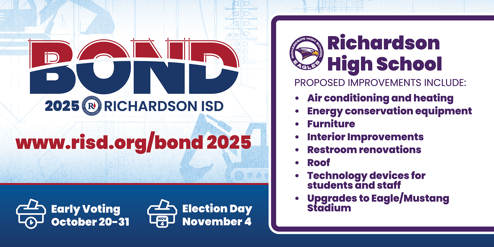 Bond 2025 Richardson High School proposed improvements: air conditioning and heating, energy conservation equipment, furniture, interior improvements, restroom renovations, roof, technology devices for students and staff, upgrades to Eagle/Mustang Stadium. Early voting October 20–31, Election Day November 4.