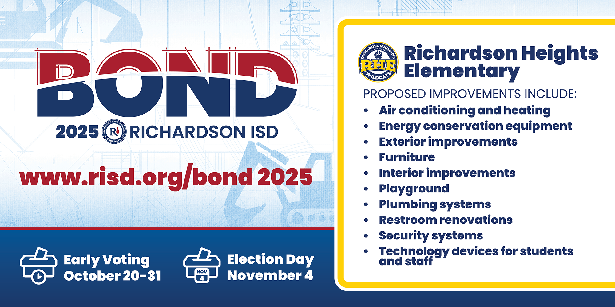 Bond 2025 Richardson Heights Elementary proposed improvements: air conditioning and heating, energy conservation equipment, exterior improvements, furniture, interior improvements, playground, plumbing systems, restroom renovations, security systems, technology devices for students and staff. Early voting October 20–31, Election Day November 4.