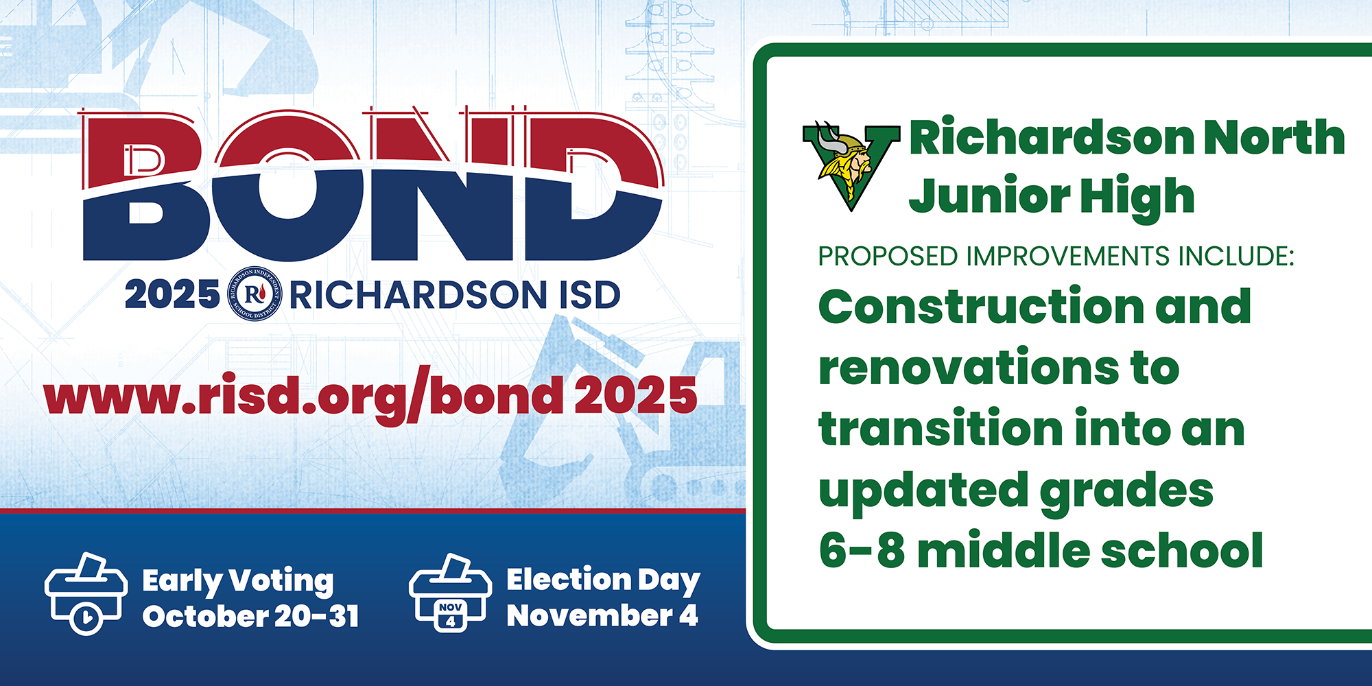 Bond 2025 Richardson North Junior High proposed improvements: construction and renovations to transition into an updated grades 6–8 middle school. Early voting October 20–31, Election Day November 4.