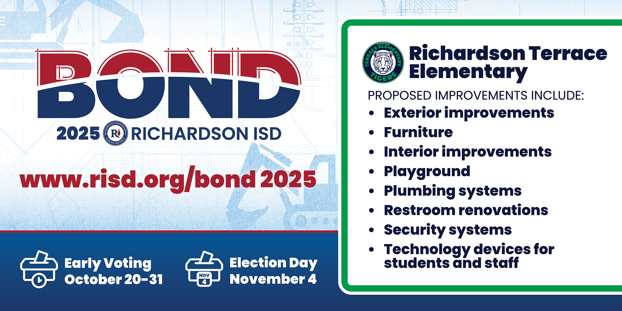 Bond 2025 Richardson Terrace Elementary proposed improvements: exterior improvements, furniture, interior improvements, playground, plumbing systems, restroom renovations, security systems, technology devices for students and staff. Early voting October 20–31, Election Day November 4.