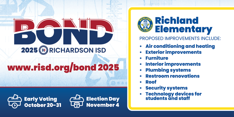 Bond 2025 Richland Elementary proposed improvements: air conditioning and heating, exterior improvements, furniture, interior improvements, plumbing systems, restroom renovations, roof, security systems, technology devices for students and staff. Early voting October 20–31, Election Day November 4.