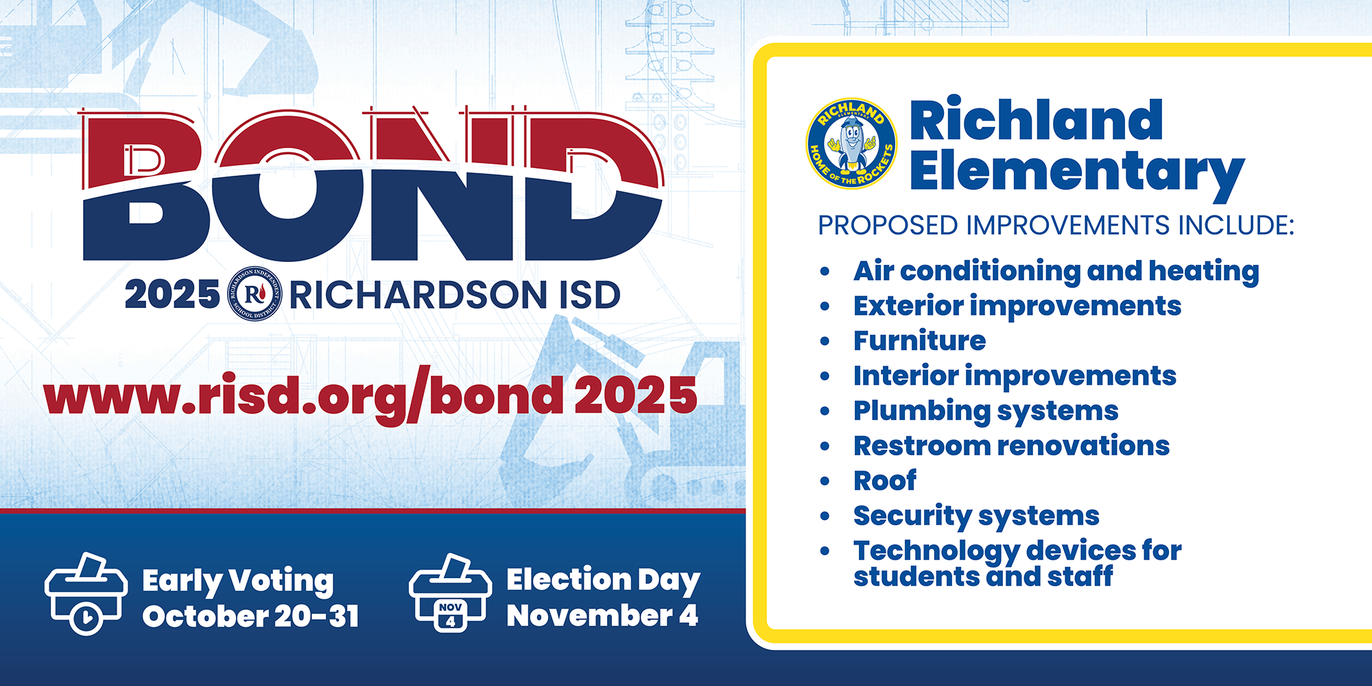 Bond 2025 Richland Elementary proposed improvements: air conditioning and heating, exterior improvements, furniture, interior improvements, plumbing systems, restroom renovations, roof, security systems, technology devices for students and staff. Early voting October 20–31, Election Day November 4.