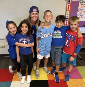 3rd Grade students wearing Texas Rangers spirit wear