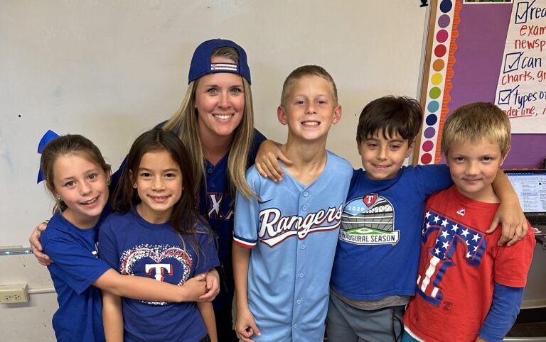 3rd Grade students wearing Texas Rangers spirit wear