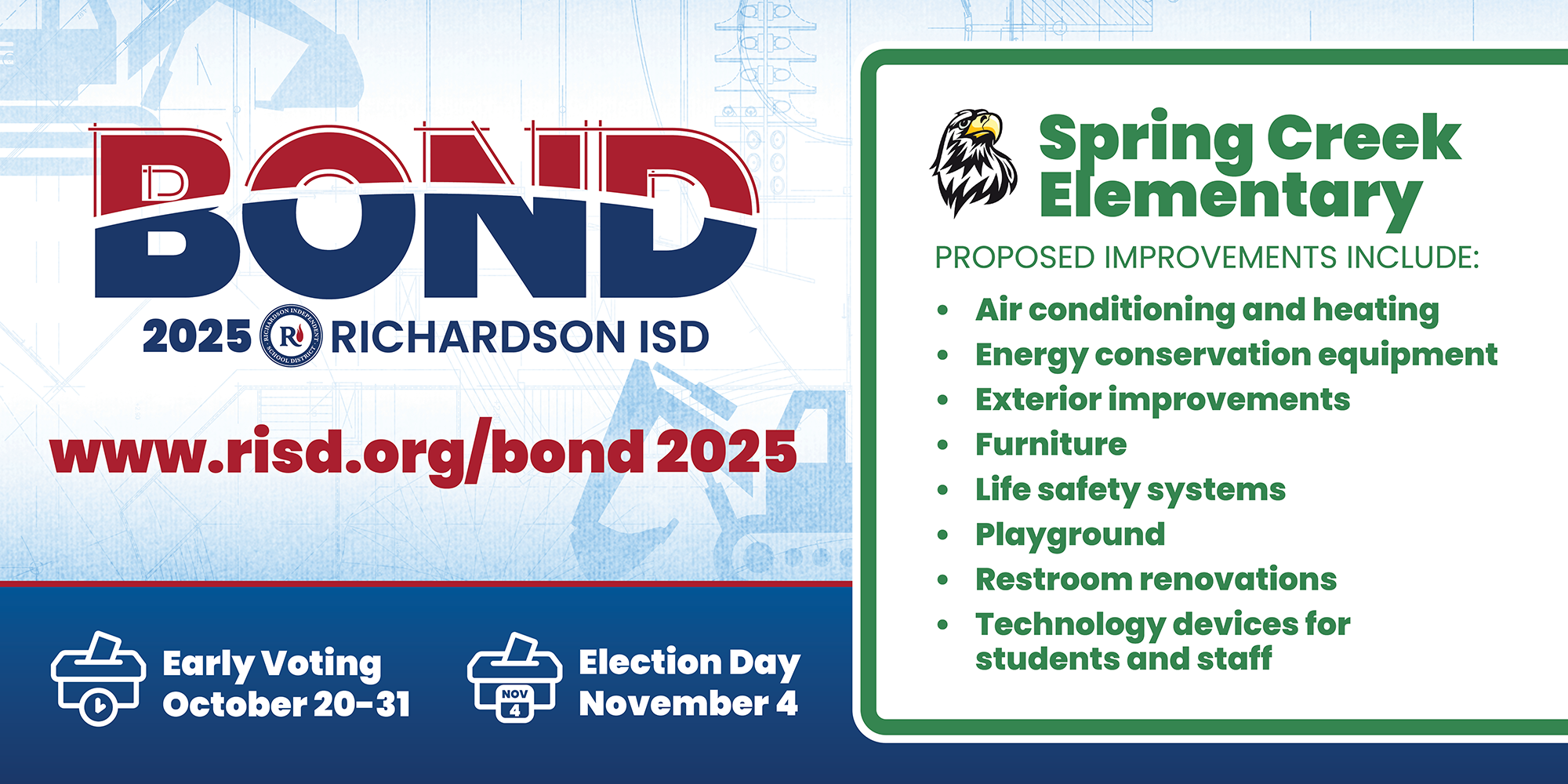 Bond 2025 Spring Creek Elementary proposed improvements: air conditioning and heating, energy conservation equipment, exterior improvements, furniture, life safety systems, playground, restroom renovations, technology devices for students and staff. Early voting October 20–31, Election Day November 4.