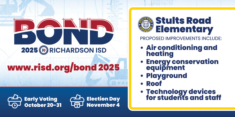 Bond 2025 Stults Road Elementary proposed improvements: air conditioning and heating, energy conservation equipment, playground, roof, technology devices for students and staff. Early voting October 20–31, Election Day November 4.
