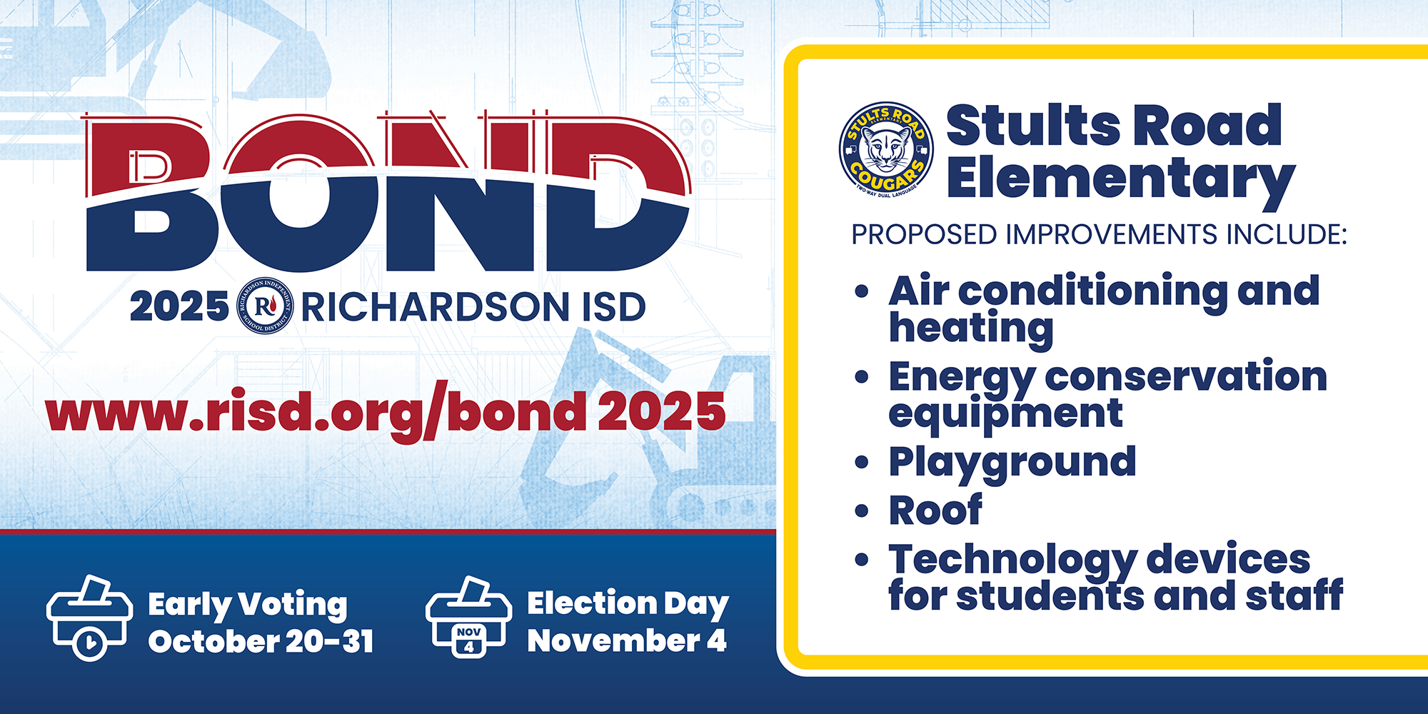 Bond 2025 Stults Road Elementary proposed improvements: air conditioning and heating, energy conservation equipment, playground, roof, technology devices for students and staff. Early voting October 20–31, Election Day November 4.