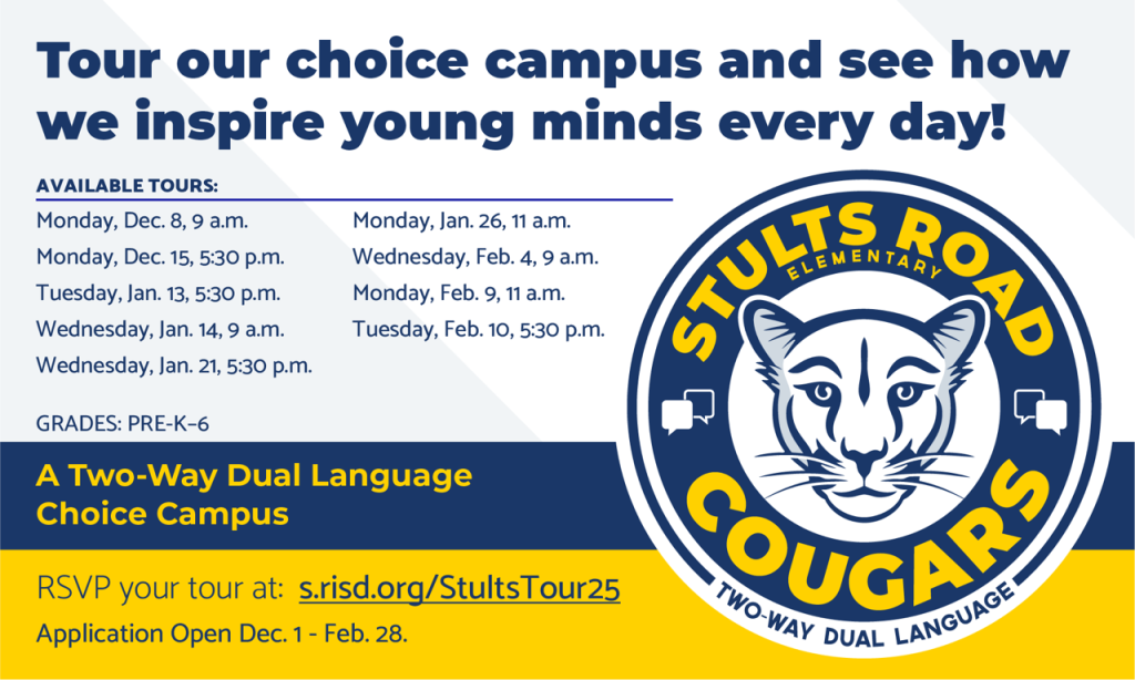 Informational graphic for Stults Road Elementary tours featuring the Cougar mascot logo. The text highlights the school as a "Two-Way Dual Language Choice Campus," lists tour dates from Dec. 8 through Feb. 10, and includes a link to RSVP.