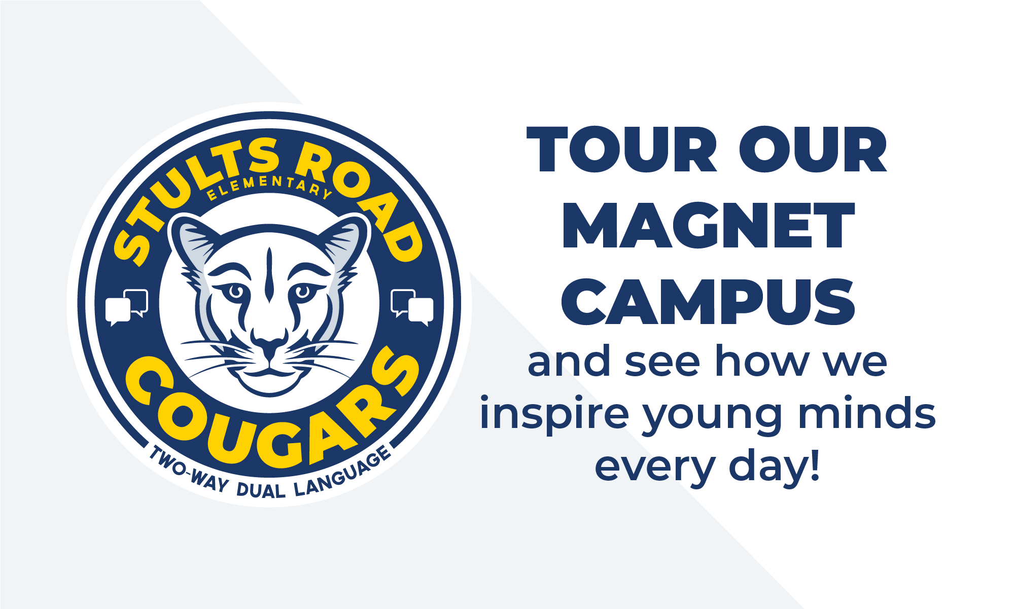 Informational graphic for Stults Road Elementary tours featuring the Cougar mascot logo. The text highlights the school as a "Two-Way Dual Language Choice Campus," lists tour dates from Dec. 8 through Feb. 10, and includes a link to RSVP.