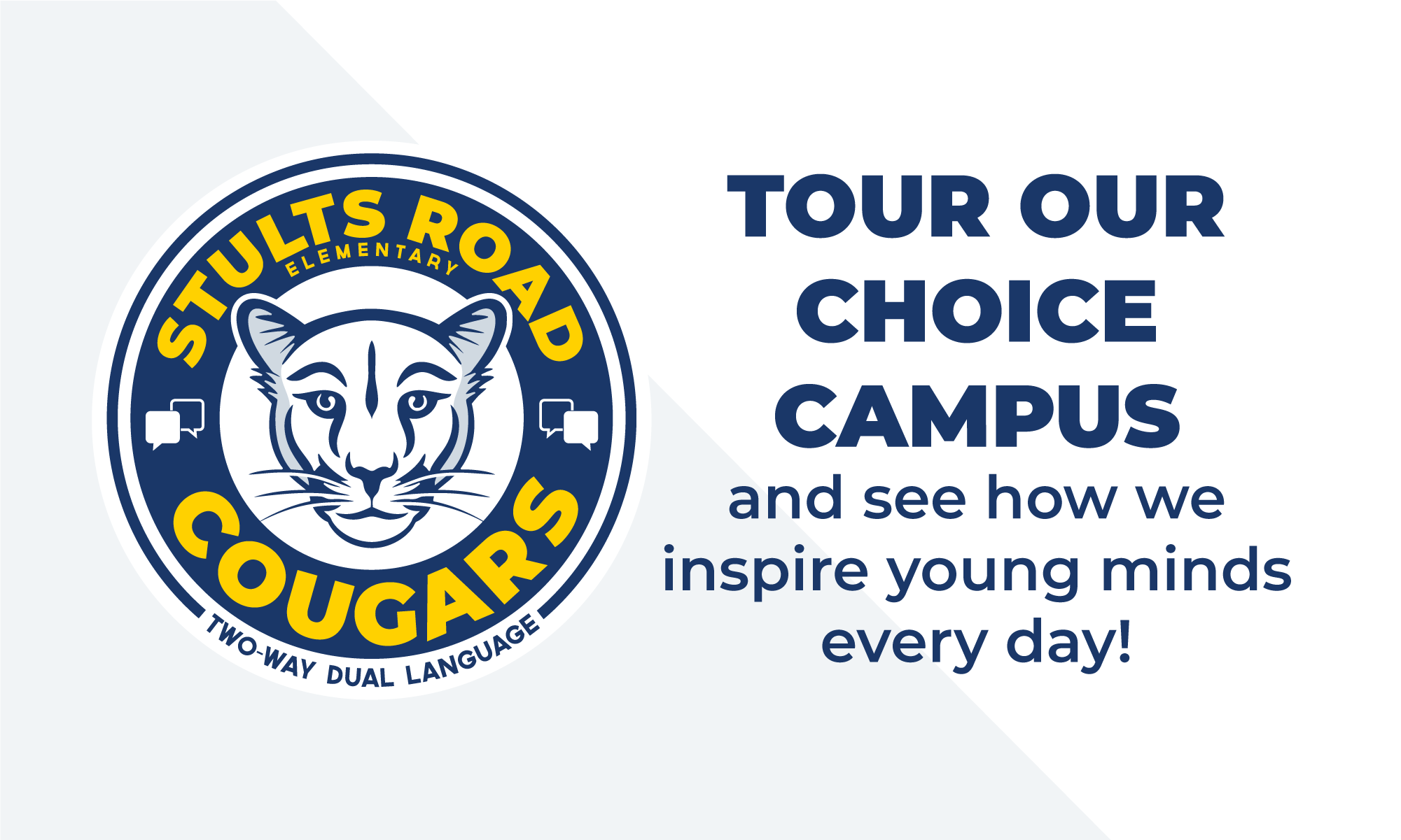 Informational graphic for Stults Road Elementary tours featuring the Cougar mascot logo. The text highlights the school as a "Two-Way Dual Language Choice Campus," lists tour dates from Dec. 8 through Feb. 10, and includes a link to RSVP.