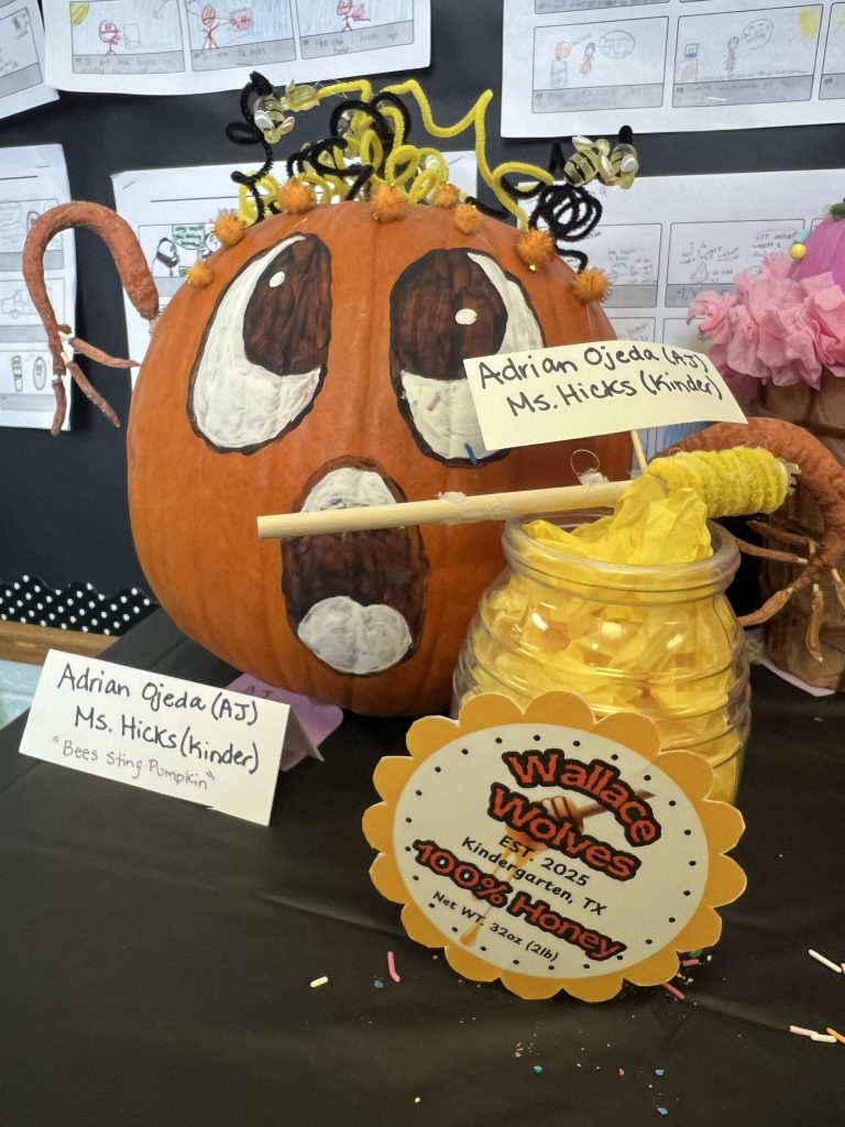Students’ decorated pumpkins displayed on tables at Wallace Elementary’s annual pumpkin decorating contest, featuring creative and colorful designs.
