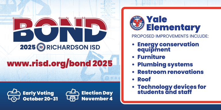 Bond 2025 Yale Elementary proposed improvements: energy conservation equipment, furniture, plumbing systems, restroom renovations, roof, technology devices for students and staff. Early voting October 20–31, Election Day November 4.