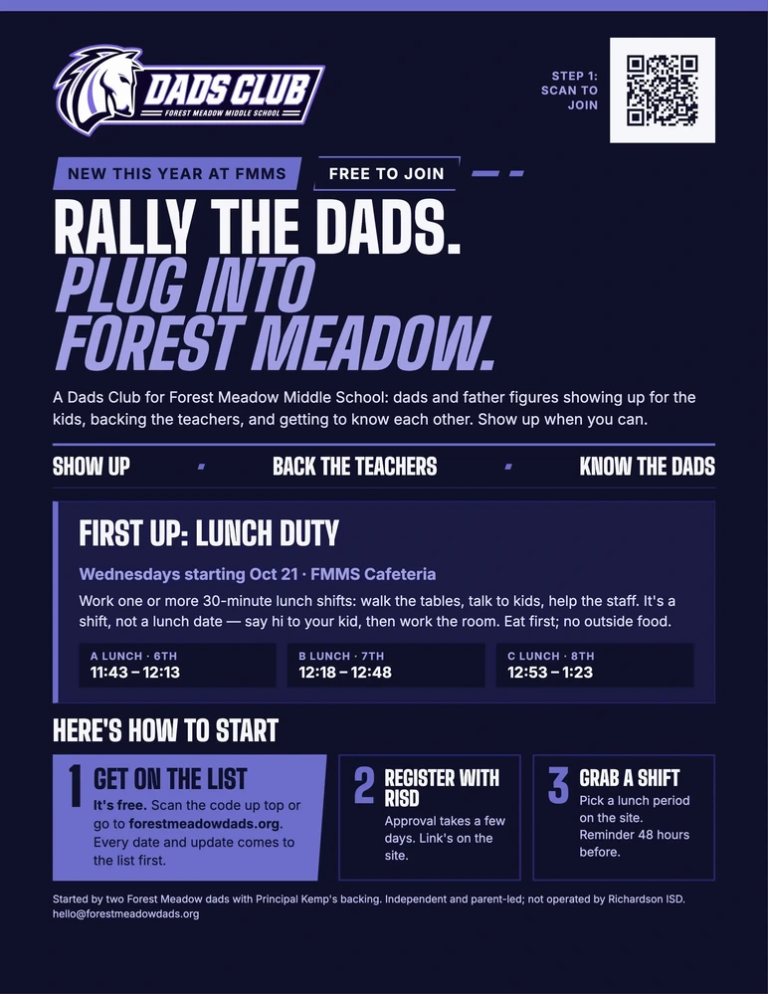 Promotional flyer for the Forest Meadow Middle School Dads Club, titled "Rally the Dads. Plug Into Forest Meadow." The navy and purple flyer states it is free to join and lists the first initiative as Wednesday Lunch Duty starting Oct 21: A Lunch 6th (11:43–12:13), B Lunch 7th (12:18–12:48), and C Lunch 8th (12:53–1:23). It provides three steps to get started: 1. Get on the list at forestmeadowdads.org or scan the QR code, 2. Register with RISD, 3. Grab a shift. Includes the FMMS Chargers Dads Club logo.