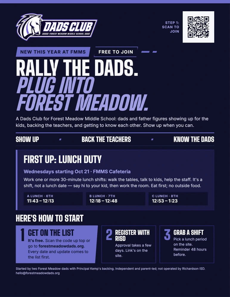 Promotional flyer for the Forest Meadow Middle School Dads Club, titled "Rally the Dads. Plug Into Forest Meadow." The navy and purple flyer states it is free to join and lists the first initiative as Wednesday Lunch Duty starting Oct 21: A Lunch 6th (11:43–12:13), B Lunch 7th (12:18–12:48), and C Lunch 8th (12:53–1:23). It provides three steps to get started: 1. Get on the list at forestmeadowdads.org or scan the QR code, 2. Register with RISD, 3. Grab a shift. Includes the FMMS Chargers Dads Club logo.