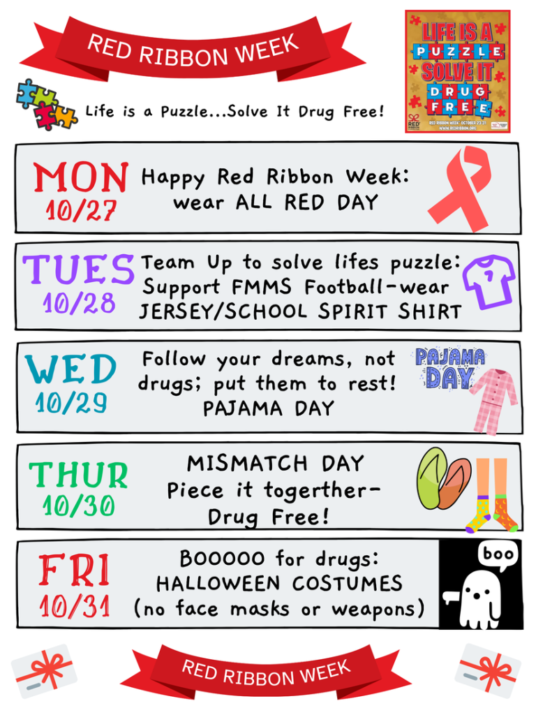 Alt Text: Red Ribbon Week daily activity schedule graphic with the tagline "Life is a Puzzle... Solve It Drug Free!". Top left features puzzle pieces and top right has an official Red Ribbon Week logo. The daily schedule reads: MON 10/27: Happy Red Ribbon Week: wear ALL RED DAY (accompanied by a red ribbon icon). TUES 10/28: Team Up to solve life's puzzle: Support FMMS Football—wear JERSEY/SCHOOL SPIRIT SHIRT (accompanied by a jersey icon). WED 10/29: Follow your dreams, not drugs; put them to rest! PAJAMA DAY (accompanied by pajama icon). THUR 10/30: MISMATCH DAY - Piece it together—Drug Free! (accompanied by mismatched flip-flops and socks icon). FRI 10/31: Boooo for drugs: HALLOWEEN COSTUMES (no face masks or weapons) (accompanied by a ghost saying "boo").