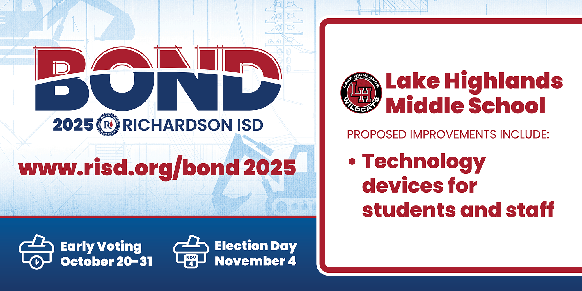 Bond 2025 Lake Highlands Middle School proposed improvements: technology devices for students and staff. Early voting October 20–31, Election Day November 4.