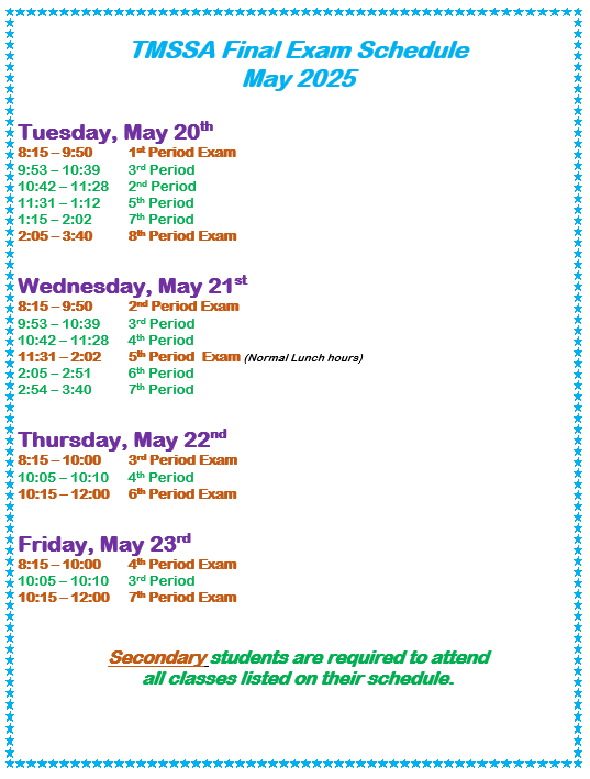 TMSSA Final Exam Schedule 2025